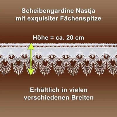 Ein Spitzenvorhang im Stil der Vogtländischen Spitze zeigt ein filigranes Fächermotiv auf braunem Grund. Der deutsche Text hebt die Höhe von 20 cm hervor und erwähnt die Verfügbarkeit in verschiedenen Breiten.