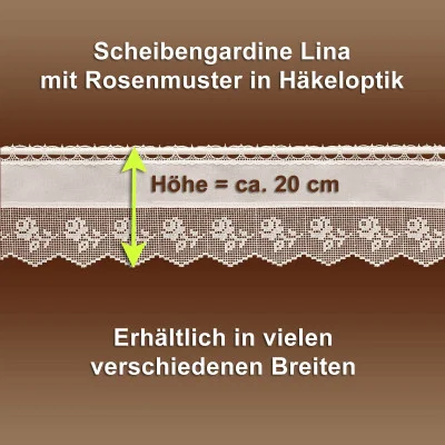 Ein Spitzenvorhang im Stil der Vogtländischen Spitze zeigt ein filigranes Blumenmuster auf braunem Grund. Der deutsche Text hebt die Höhe von 20 cm hervor und erwähnt die Verfügbarkeit in verschiedenen Breiten.