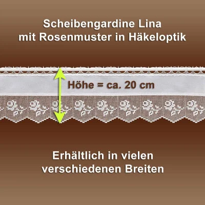 Ein Spitzenvorhang im Stil der Vogtländischen Spitze zeigt ein filigranes Blumenmuster auf braunem Grund. Der deutsche Text hebt die Höhe von 20 cm hervor und erwähnt die Verfügbarkeit in verschiedenen Breiten.
