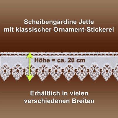 Ein Spitzenvorhang im Stil der Vogtländischen Spitze zeigt ein filigranes Ornamentmuster auf braunem Grund. Der deutsche Text hebt die Höhe von 20 cm hervor und erwähnt die Verfügbarkeit in verschiedenen Breiten.