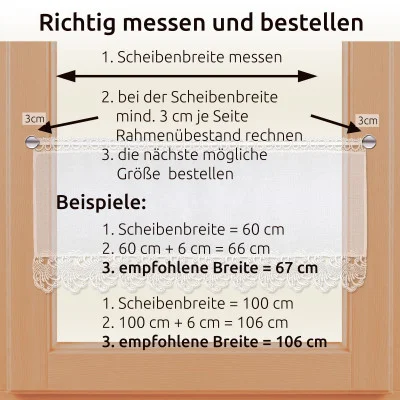 Diagramm zum Messen und Bestellen von Vorhängen mit exquisiten Vogtländischen Spitzen-Motiven. Schritte mit Pfeilen: Scheibenbreite messen, mindestens 3 cm pro Seite hinzufügen, nächstgrößere Größe bestellen. Beispiele zeigen Berechnungen für 67 cm und 106 cm Breite.
