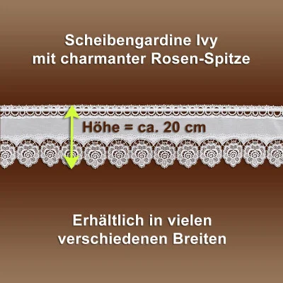 Ein Spitzenvorhang im Stil der Vogtländischen Spitze zeigt ein filigranes Ornamentmuster auf braunem Grund. Der deutsche Text hebt die Höhe von 20 cm hervor und erwähnt die Verfügbarkeit in verschiedenen Breiten.