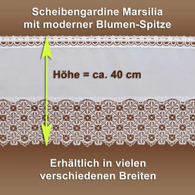 Ein Spitzenvorhang im Stil der Vogtländischen Spitze zeigt ein filigranes Ornamentmuster auf braunem Grund. Der deutsche Text hebt die Höhe von 40 cm hervor und erwähnt die Verfügbarkeit in verschiedenen Breiten.