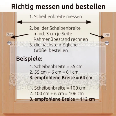 Diagramm zum Messen und Bestellen von Vorhängen mit exquisiten Vogtländischen Spitzen-Motiven. Schritte mit Pfeilen: Scheibenbreite messen, mindestens 3 cm pro Seite hinzufügen, nächstgrößere Größe bestellen. Beispiele zeigen Berechnungen für 64 cm und 112 cm Breite.