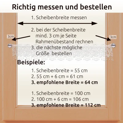 Diagramm zum Messen und Bestellen von Vorhängen mit exquisiten Vogtländischen Spitzen-Motiven. Schritte mit Pfeilen: Scheibenbreite messen, mindestens 3 cm pro Seite hinzufügen, nächstgrößere Größe bestellen. Beispiele zeigen Berechnungen für 64 cm und 112 cm Breite.