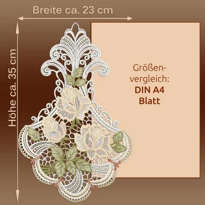 Verziertes Vogtländisches Spitzen-Design mit Rosenstrauß und Blättern, ca. 23 cm breit und 35 cm hoch. Vergleichbar mit einem DIN A4-Blatt, wertet es jedes Fenster elegant auf. Hintergrund in Brauntönen, mit deutschem Text mit Maßangaben und Vergleich.