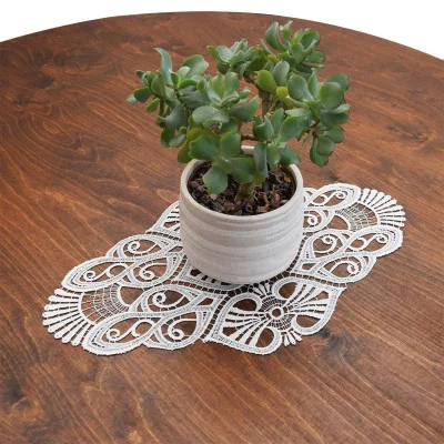 Eine kleine Sukkulente im Topf steht auf einem runden Holztisch, platziert auf einem Deckchen Amara aus Vogtländischer Spitze – eine elegante Wahl für eine einzigartige Tischdekoration.