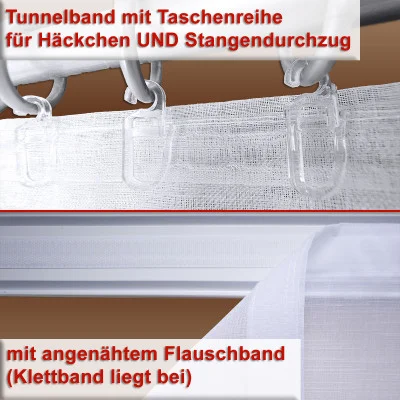 Nahaufnahme eines weißen Vorhangs mit Tunnelband mit Schlaufen und Haken zum Aufhängen und aufgenähtem Soft-Klettband; deutscher Text erklärt die Besonderheiten.