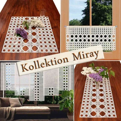 Eine Collage zeigt naturfarbene geometrische Spitzenvorhänge, darunter Spitzengardine und Tischläufer mit kreisförmigen Mustern auf Holztischen und Fenstern. „Kollektion Miray“ steht diagonal in der Mitte. Blumen und Glaswaren runden das Dekor ab.