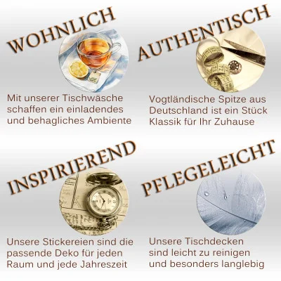 Vier Abschnitte mit Bildern und Text: eine Teetasse für „Wohnlich“, Spitzendetail mit „Authentisch“ mit Vogtländischer Spitze, Stickgarne für „Inspirierend“ und Feder für „Pflegeleicht“. Jedes unterstreicht die Qualitäten von Tischdekoration und Baumwollbatist-Deckchen.
