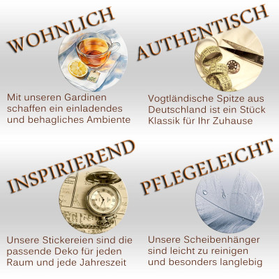 Ein Werbebild mit vier Abschnitten: „Wohnlich“ zeigt Tee im Landhausstil, „Authentisch“ hebt Vogtlländischen Spitzenabschluss hervor, „Inspirierend“ enthält Postkarten und einen Kompass, während „Pflegeleicht“ einen Wassertropfen auf einer Feder zeigt – alles mit deutschen Wohndekorvorteilen.
