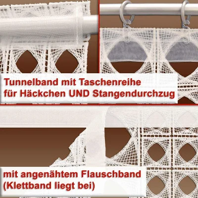 Nahaufnahme der ekrúfarbenen Flächengardine Miray mit Tunnelband. Sie zeigt Möglichkeiten zum Einführen von Haken und Stangen. Ein weiteres Detail ist das angebrachte Klettband. Der deutsche Text hebt die verschiedenen Befestigungsweisen dieser Gardine hervor.