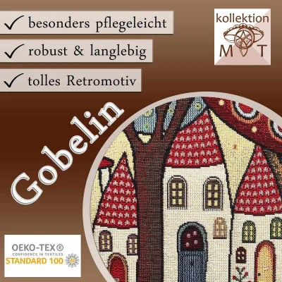 Werbebild für ein Gobelin-Kissen mit bezaubernden Häusern, Bäumen und verspielten Mustern in Retro-Optik. Die pflegeleichte, strapazierfähige Kissenhülle ist nach OEKO-TEX Standard 100 zertifiziert und präsentiert ein tolles Retro-Motiv.