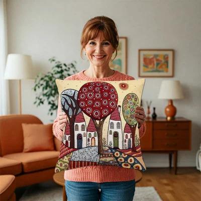 Eine lächelnde Frau in einem gemütlichen Wohnzimmer hält eine Kissenhülle im Retro-Optik mit bunten, stilisierten Häusern und Bäumen. Möbel in warmen Farbtönen, gerahmte Kunstwerke und eine Topfpflanze schaffen eine einladende Atmosphäre.