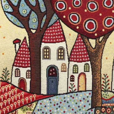 Eine farbenfrohe Nahaufnahmen von Gobelin-Stoff zeigt skurrile Häuser mit roten, gemusterten Dächern und gewölbten Türen, umgeben von dekorativen Bäumen, gepunkteten Landschaften und verspielten Motiven für eine charmante Retro-Optik, perfekt für eine Kissenhülle.