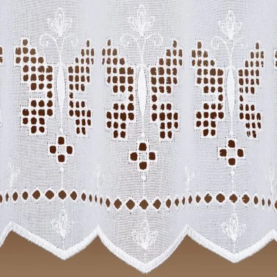 Landhausgardine Antonett mit weißer Schmetterlings-Stickerei Muster Detail