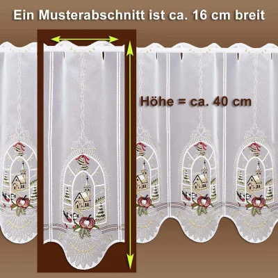 Spitzengardine mit gesticktem Kirchen- und Adventsmuster, perfekt als Winter-Scheibengardine oder für Ihr Adventsfenster. Der Text in Deutsch zeigt, dass der Musterabschnitt etwa 16 cm breit und 40 cm hoch ist, mit Pfeilen, die diese Maße markieren.