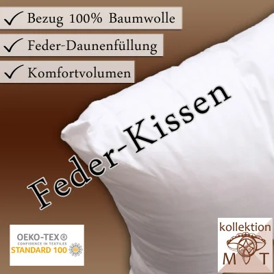 Nahaufnahme einer weißen Kissenfüllung mit deutschem Text, der die Eigenschaften hervorhebt: Bezug aus 100 % Baumwolle, Komfortvolumen, Feder-Daunenfüllung. Die Zertifizierungslogos „OEKO-TEX Standard 100“ und „Kollektion MT“ sind ebenfalls in moderner Retro-Optik sichtbar.