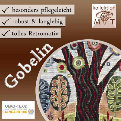 Werbebild für ein Gobelin-Kissen mit bezaubernden Bäumen und verspielten Mustern in Retro-Optik. Die pflegeleichte, strapazierfähige Kissenhülle ist nach OEKO-TEX Standard 100 zertifiziert und präsentiert ein tolles Retro-Motiv.