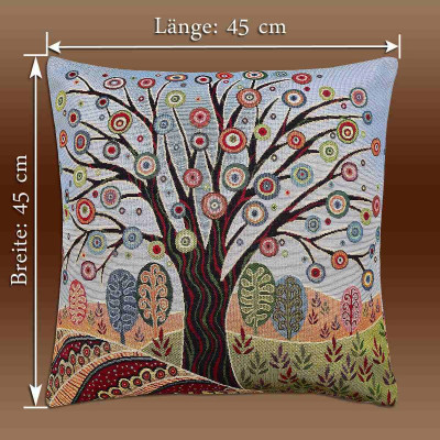 Quadratisches Dekokissen mit einem farbenfrohen abstrakten Baum und gemusterten Blättern in einem einzigartigen Retro-Motiv; weiße Pfeile zeigen die Abmessungen als 45 cm in Höhe (Breite) und Breite (Länge) vor einem braunen Farbverlaufshintergrund.