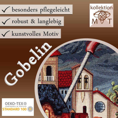 Eine Werbung für Gobelin-Kissen, die die Pflegeleichtigkeit, Langlebigkeit und die kunstvollen Motive hervorhebt. Das Bild zeigt ein detailreiches Gobelin-Kissen, Zertifizierungslogos und einen deutschen Text, der die Produkteigenschaften von Dekokissen bewirbt.