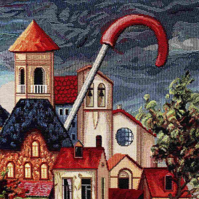 Ein surreales Bild im Wandteppichstil mit alten Häusern und Kirchtürmen unter einem stürmischen Himmel, aus dem ein großer roter Regenschirmgriff hervorschaut – ähnlich den komplizierten Mustern auf Dekokissen oder Gobelinkissen.