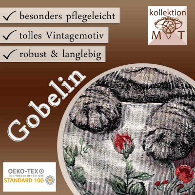 Werbebild für Gobelinstoff mit Katzenpfoten, roten Blumen und grünen Blättern sowie einem Text, der die Pflegeleichtigkeit, den Vintage-Stil, die Haltbarkeit und eine OEKO-TEX-Zertifizierung hervorhebt.