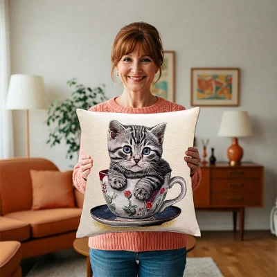 Eine lächelnde Frau in einem gemütlichen Wohnzimmer hält ein dekoratives Kissen mit der Abbildung eines grau getigerten Kätzchens, das in einer geblümten Teetasse sitzt.