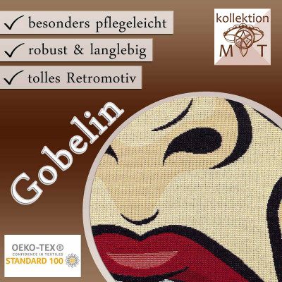 Ein Werbebild für die Textilien aus „Gobelin“ mit Stoffkunst im Vintage-Stil, roten Lippen und kräftigen Konturen. Der Text hebt die Eigenschaften hervor: pflegeleicht, robust, langlebig, Retro-Motiv und OEKO-TEX Standard 100 zertifiziert.