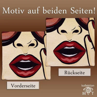 Zwei quadratische Kissen zeigen ein Pop-Art-Gesicht mit roten Lippen und Sonnenbrille. Die Vorder- und Rückseite zeigen das gleiche Motiv. Der Text auf Deutsch lautet: „Motiv auf beiden Seiten!“ und „kollektion MT.