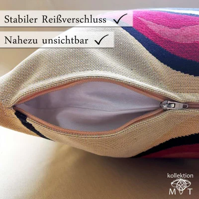 Eine Nahaufnahme einer Kissenhülle in beige und einen offenen, nahezu unsichtbaren Reißverschluss. Text auf Deutsch: „Stabiler Reißverschluss, Nahezu unsichtbar.“