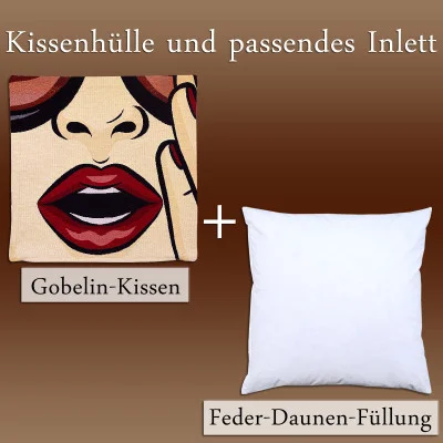 Eine Grafik zeigt links einen Gobelin-Kissenbezug mit einem Pop-Art-Gesichtsmotiv und rechts ein schlichtes weißes Kissen mit Daunenfüllung, getrennt durch ein Pluszeichen. Jeder Artikel ist mit deutschem Text beschriftet.
