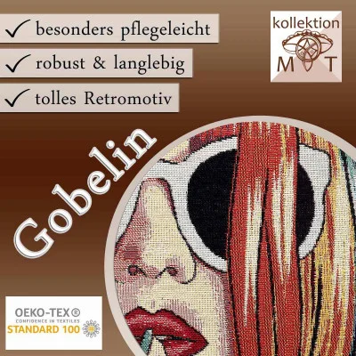 Eine stilisierter Gobelin-Kissenhülle mit einem Frauengesicht mit Sonnenbrille und roten Haaren, umgeben von einem deutschen Text, der die Pflegeleichtigkeit, Haltbarkeit und das Retro-Design hervorhebt. Die Logos OEKO-TEX und Kollektion MT sind ebenfalls vorhanden.