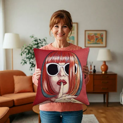 Eine lächelnde Frau steht in einem gemütlichen Wohnzimmer. Sie hält ein rotes Kissen mit Pop-Art-Abbildung einer Frau mit rotem Bubikopf, weißer Sonnenbrille und einem Finger auf den Lippen, der signalisiert, still zu sein.
