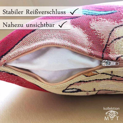 Eine Nahaufnahme einer Kissenhülle mit bunten Mustern und einen offenen, nahezu unsichtbaren Reißverschluss. Text auf Deutsch: „Stabiler Reißverschluss, Nahezu unsichtbar.“