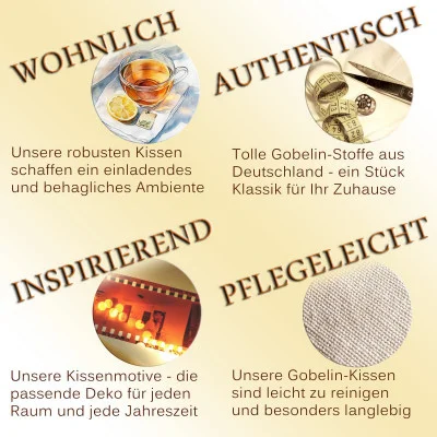 Eine deutsche Werbegrafik mit vier Abschnitten, jeweils mit Bild und Beschreibung: gemütlicher Tee, authentischer Webstoff, inspirierender Filmstreifen und pflegeleichter Strukturstoff. Jeder Abschnitt hebt einzigartige Kissenhüllen-Features wie hochwertiger Gobelin-Stoff oder Retro-Optik hervor.