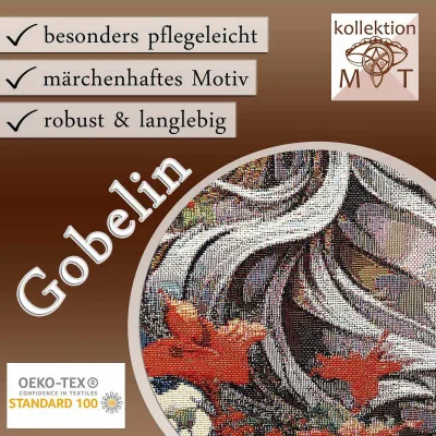 Gobelinstoff-Werbung mit gewebtem, detailreichem Bild, drei Häkchen-Listenpunkten („besonders pflegeleicht“, „märchenhaftes Motiv“, „robust und langlebig“) und Qualitätssiegeln wie OEKO-TEX STANDARD 100.