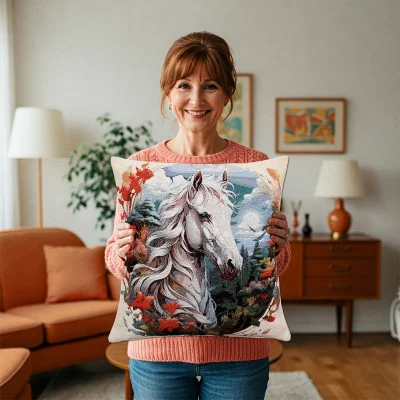 Eine lächelnde Frau in einem gemütlichen Wohnzimmer hält ein dekoratives Kissen mit der detaillierten Illustration eines weißen Pferdes, umgeben von buntem Laub.