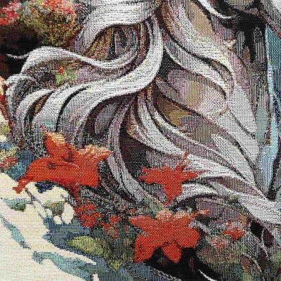 Nahaufnahme von wallendem silbernem und weißem Haar, verflochten mit leuchtend roten Blumen, grünem Laub und einem weichen, malerischen Hintergrund in Braun- und Blautönen. Das Bild wirkt strukturiert und fast wie ein Wandteppich.