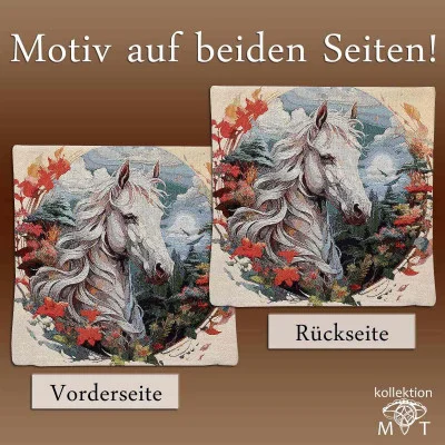 Abgebildet sind zwei dekorative Kissen mit einem weißen Pferd und Herbstlaub-Design. Sowohl die Vorder- als auch die Rückseite haben das gleiche Bild. Der deutsche Text oben lautet: „Motiv auf beiden Seiten!“.