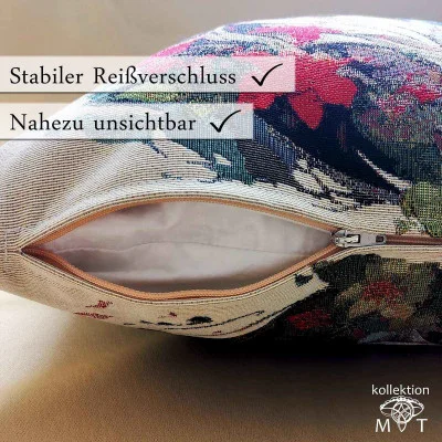 Eine Nahaufnahme einer Kissenhülle in Retro-Optik zeigt bunt gemusterten Stoff und einen offenen, nahezu unsichtbaren Reißverschluss. Text auf Deutsch: „Stabiler Reißverschluss, Nahezu unsichtbar.“