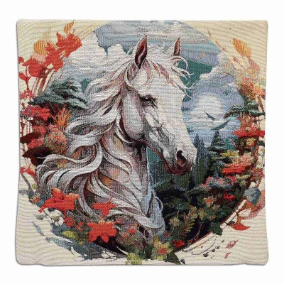 Ein dekoratives Kissen mit dem gestickten Muster eines weißen Pferdes, umgeben von Herbstblättern, vor einem malerischen Hintergrund aus Bäumen und einem strahlenden Himmel.
