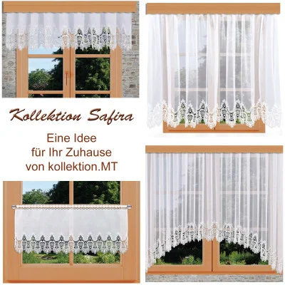 Collage aus vier Bildern, die verschiedene weiße Spitzenvorhänge an holzgerahmten Fenstern zeigen. Der Text lautet "Kollektion Safira. Eine Idee für Ihr Zuhause von kollektion.MT.