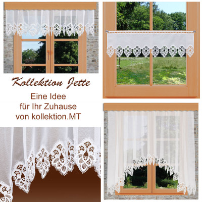 Vier Bilder zeigen weiße Spitzenvorhänge mit verschlungenen Mustern an Holzfenstern. Der Text auf Deutsch lautet: "Kollektion Jette. Eine Idee für Ihr Zuhause von kollektion.MT".
