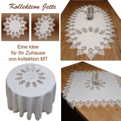 Eine Collage zeigt dekorative Tischtücher mit aufwändigen Spitzenbordüren in verschiedenen Zusammenstellungen: auf runden und rechteckigen Holztischen, mit Gläsern und einer Kerze als Tafelaufsatz. Der deutsche Text bewirbt die Kollektion "Jette" von kollektion.MT.