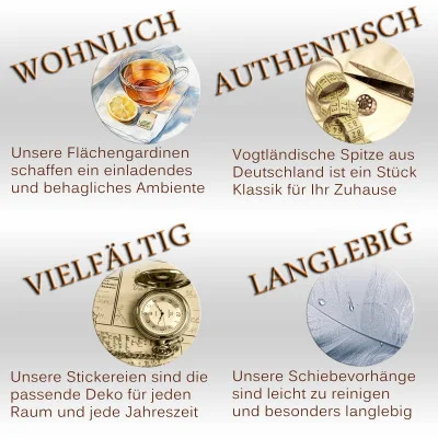 Ein Werbebild mit vier Abschnitten: „Wohnlich“ zeigt Tee im Landhausstil, „Authentisch“ hebt Vogtlländischen Spitzenabschluss hervor, „Inspirierend“ enthält Postkarten und einen Kompass, während „Pflegeleicht“ einen Wassertropfen auf einer Feder zeigt – alles mit deutschen Wohndekorvorteilen.