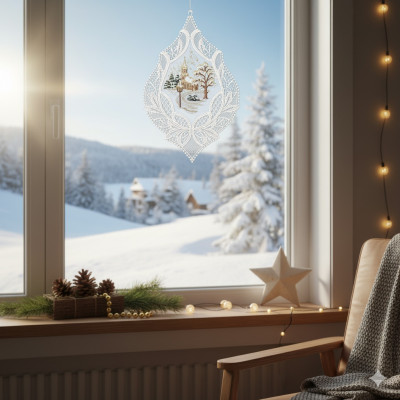 Eine gemütliche Stube mit einem Stuhl, Tannenzapfen und einer Sternen-Weihnachtsdekoration am Fenster, die mit einer zarten Plauener Spitze verziert ist. Draußen schimmern schneebedeckte Bäume und Hütten unter einem klaren blauen Himmel.