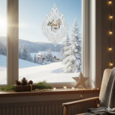 Eine gemütliche Stube mit einem Stuhl, Tannenzapfen und einer Sternen-Weihnachtsdekoration am Fenster, die mit einer zarten Plauener Spitze verziert ist. Draußen schimmern schneebedeckte Bäume und Hütten unter einem klaren blauen Himmel.