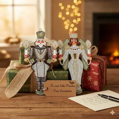 Zwei verschnörkelte Nussknacker-Ornamente, inspiriert von erzgebirgischem Design, stehen auf eingepackten Weihnachtsgeschenken neben einer handgeschriebenen Karte. Warme Lichter und ein beleuchteter Kamin schaffen im Hintergrund eine festliche, gemütliche Atmosphäre.