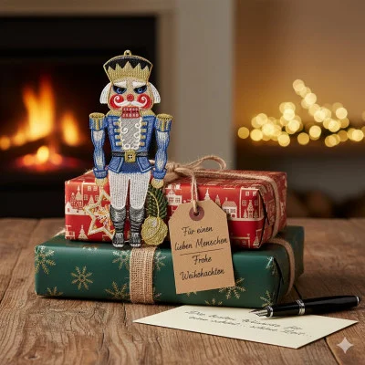 Eine bezaubernde Weihnachtsdekoration mit einem Nussknacker-Ornament, das auf eingepackten Weihnachtsgeschenken mit einem Anhänger steht, neben einem Füllfederhalter und einer Karte, mit festlichen Lichtern, einem Kamin und einem Plauener Spitze Fensterbild Nussknacker im Hintergrund.